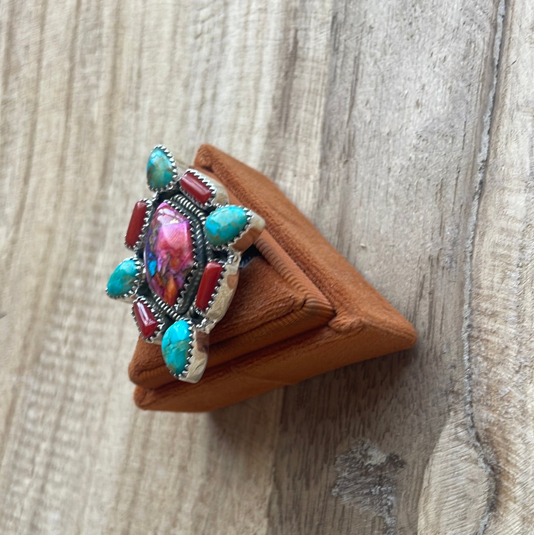 Beautiful Handmade Turquoise, Coral, Pink Dream And Sterling Silver Adjustable Ring Signed Nizhoni