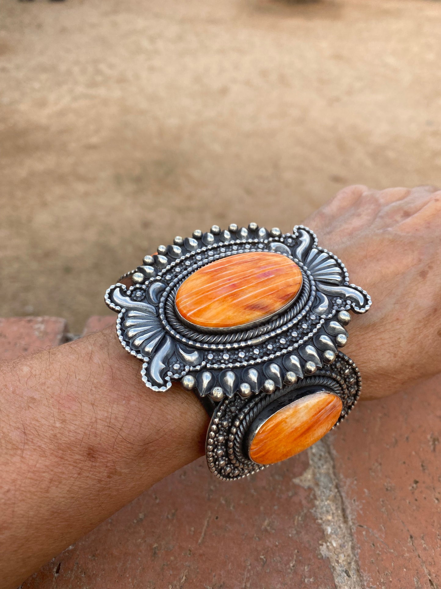 Beautiful Navajo Orange Spiny & Sterling Silver Cuff Bracelet Signed