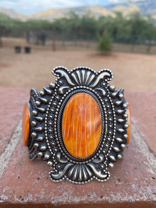 Beautiful Navajo Orange Spiny & Sterling Silver Cuff Bracelet Signed