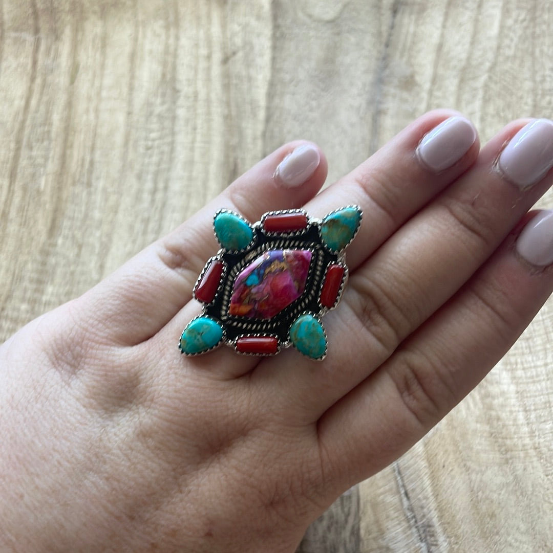 Beautiful Handmade Turquoise, Coral, Pink Dream And Sterling Silver Adjustable Ring Signed Nizhoni