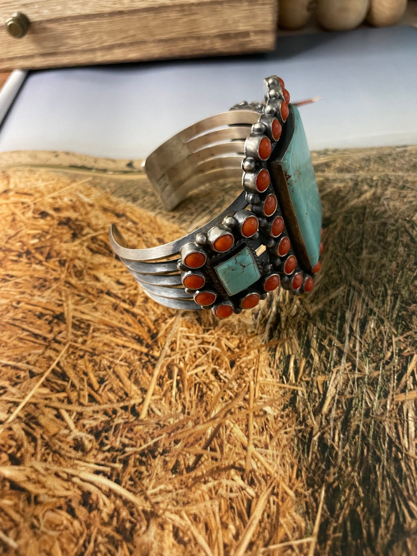 Anthony Skeets Navajo Turquoise, Coral & Sterling Silver Cuff Bracelet Signed