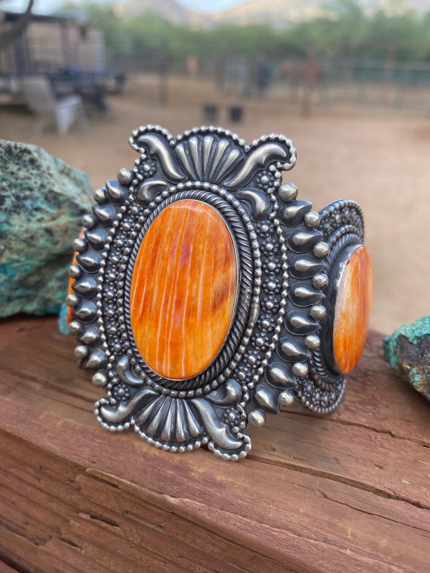 Beautiful Navajo Orange Spiny & Sterling Silver Cuff Bracelet Signed