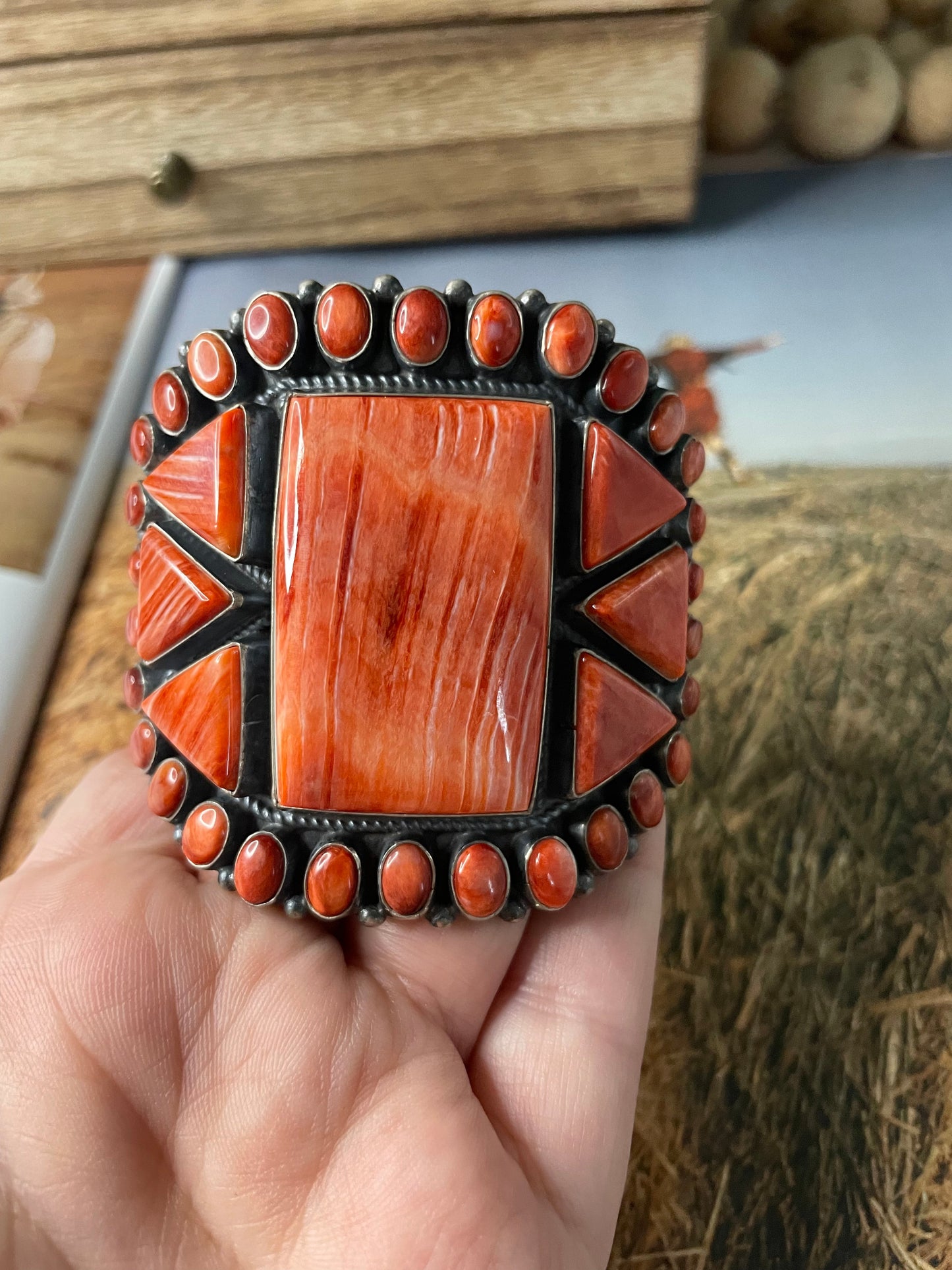 Anthony Skeets Navajo Natural Spiny Oyster & Sterling Silver Cuff Bracelet Signed