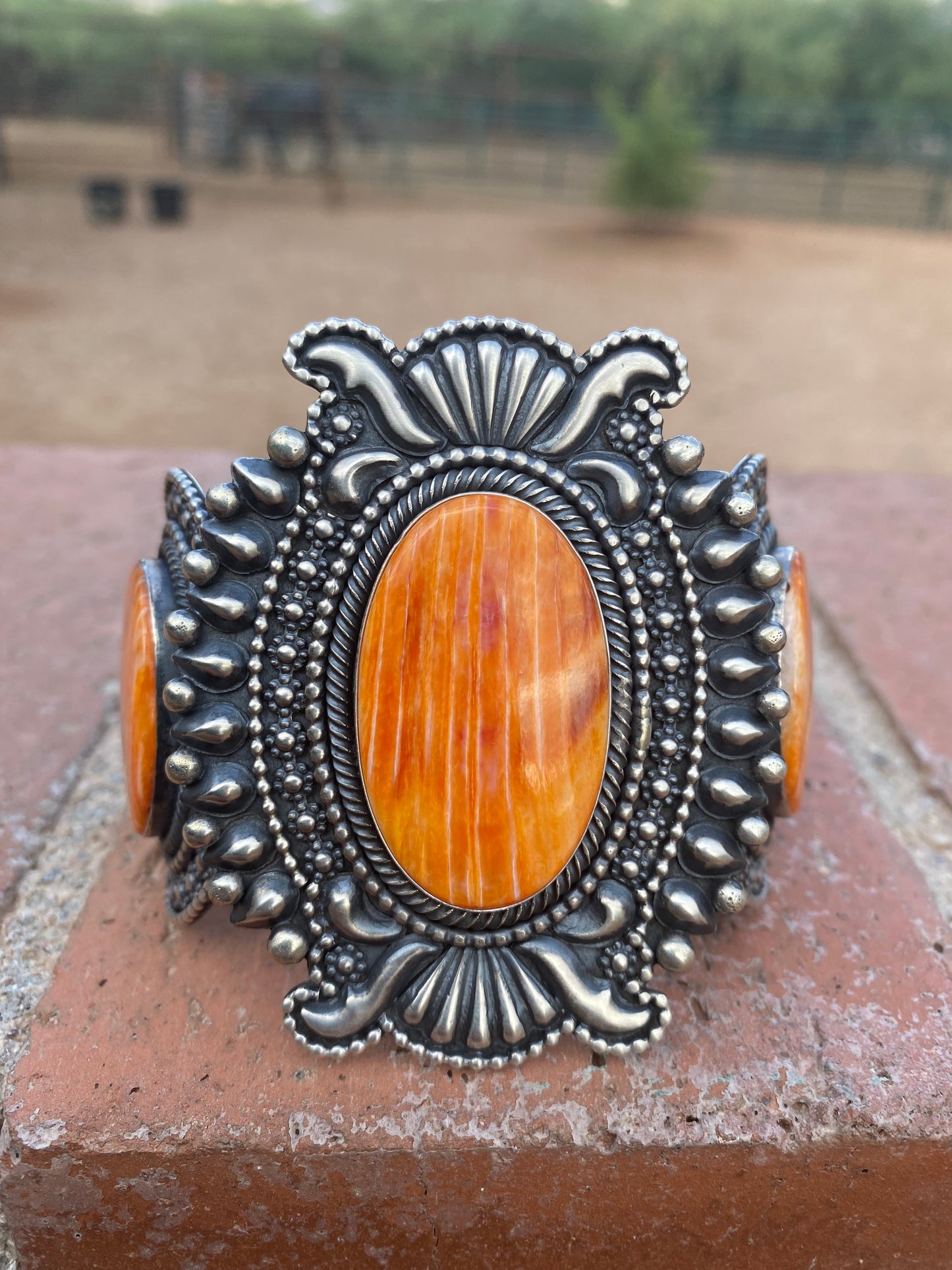 Beautiful Navajo Orange Spiny & Sterling Silver Cuff Bracelet Signed