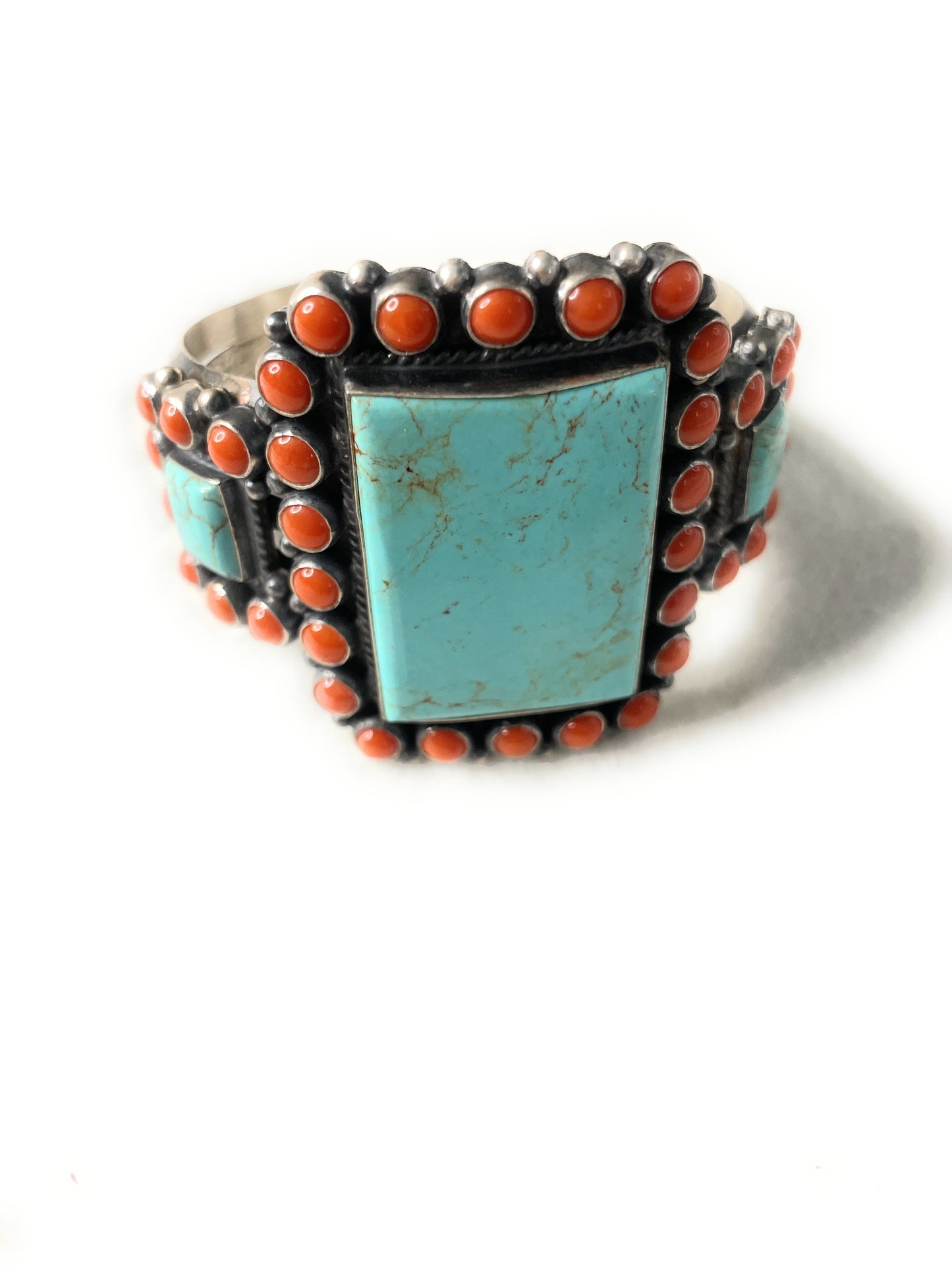 Anthony Skeets Navajo Turquoise, Coral & Sterling Silver Cuff Bracelet Signed