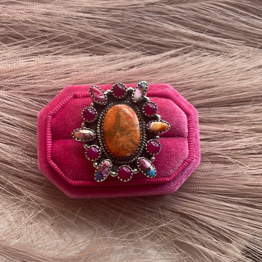 Beautiful Handmade Orange & Pink Mojave, Pink Onyx & Sterling Silver Adjustable Ring Signed Nizhoni