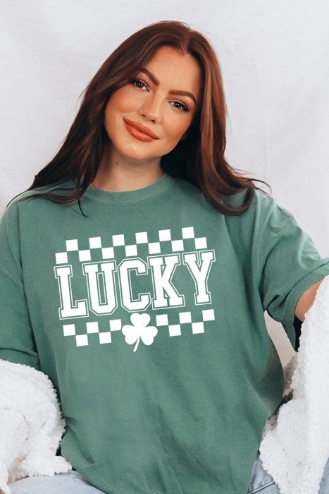 Lucky Checkered Oversized Tee - Pistols 'n Petticoats - #westernboutique# - #westernfashion#