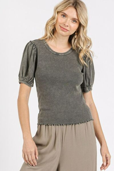 Mittoshop Mineral Wash Puff Sleeve Rib Knit Top - Pistols 'n Petticoats - #westernboutique# - #westernfashion#