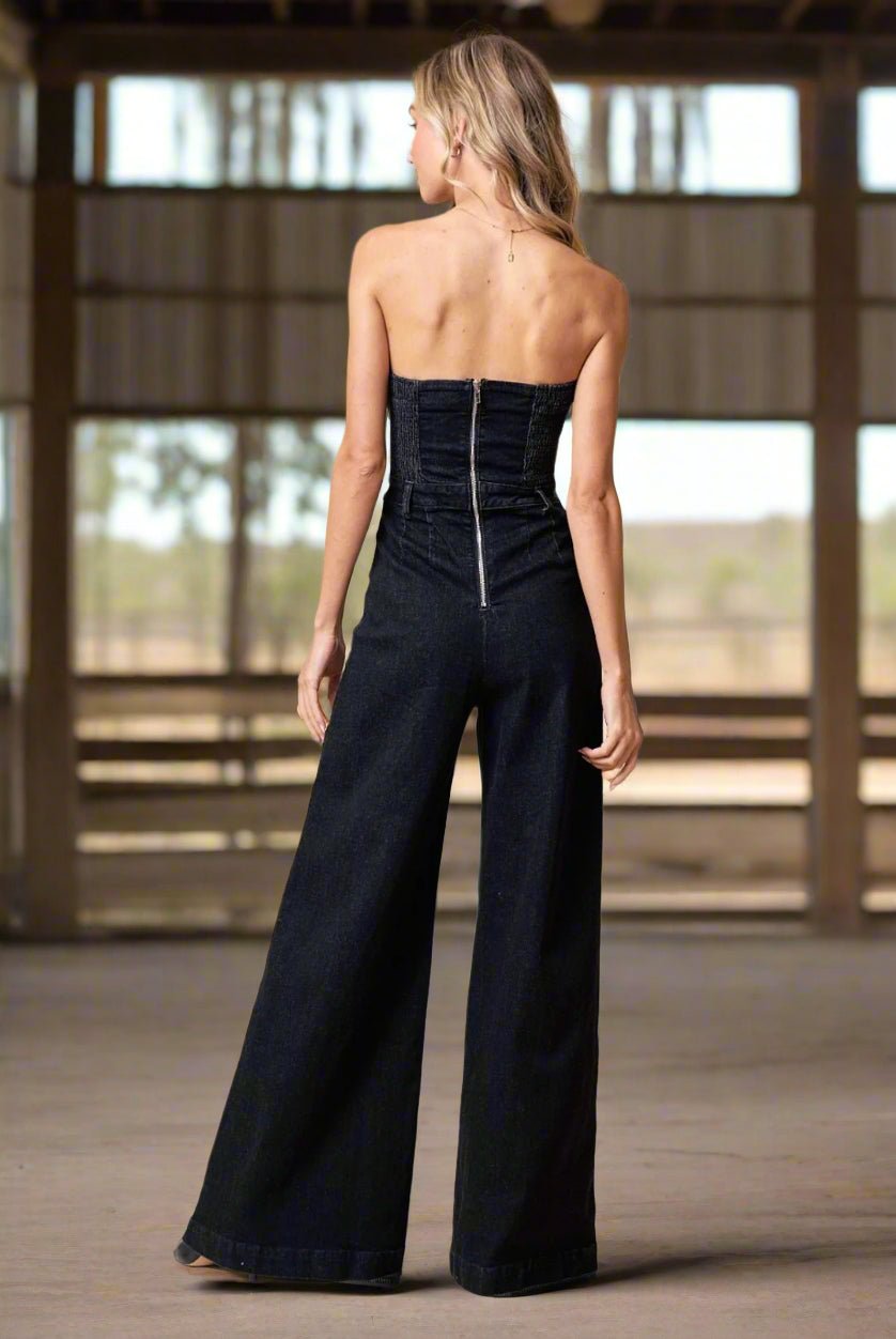 OFF SHOULDER WIDE LEG DENIM JUMPSUIT - Pistols 'n Petticoats - #westernboutique# - #westernfashion#