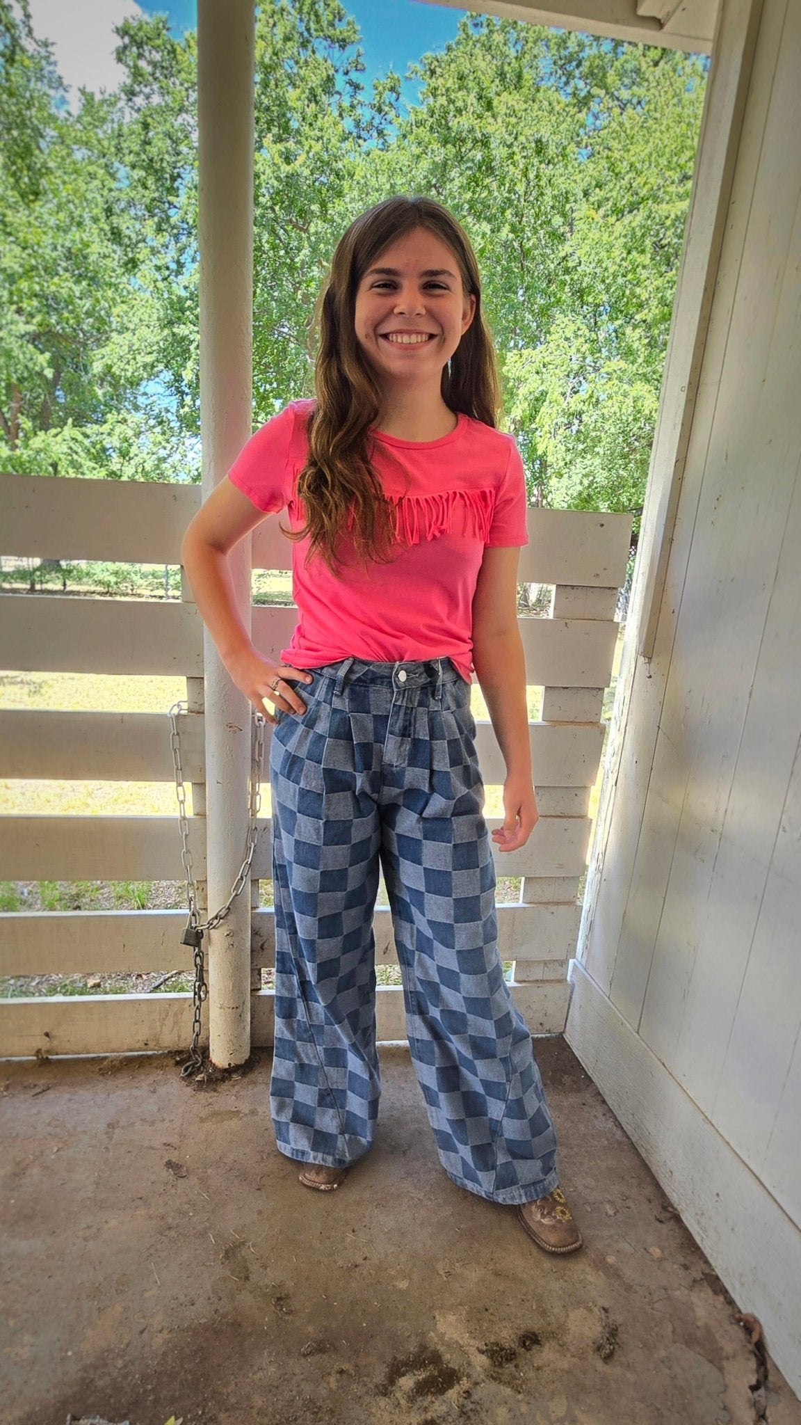 Pink tee with fringe - Pistols 'n Petticoats - western boutique - womens western wear - western wear womens