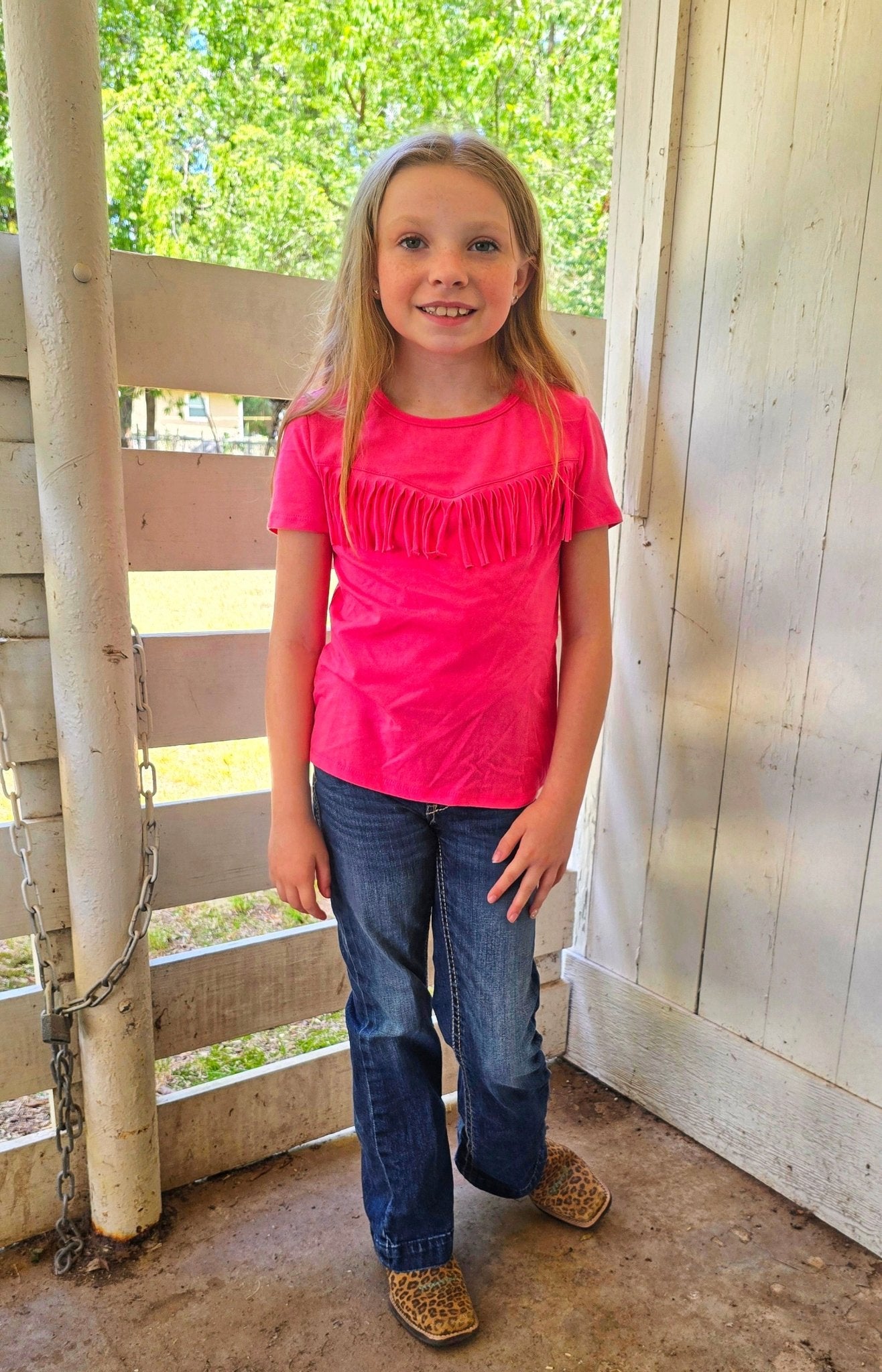 Pink tee with fringe - Pistols 'n Petticoats - western boutique - womens western wear - western wear womens