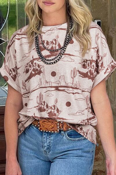 Printed Round Neck Short Sleeve T-Shirt - Pistols 'n Petticoats - #westernboutique# - #westernfashion#
