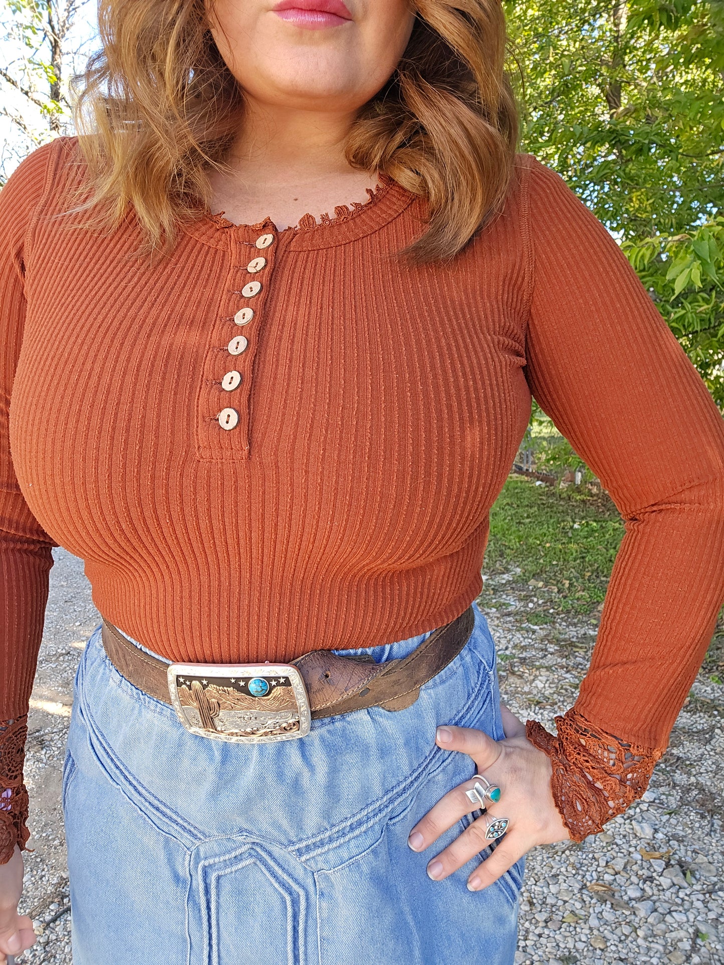 Rust Ridge Lace-Cuff Blouse