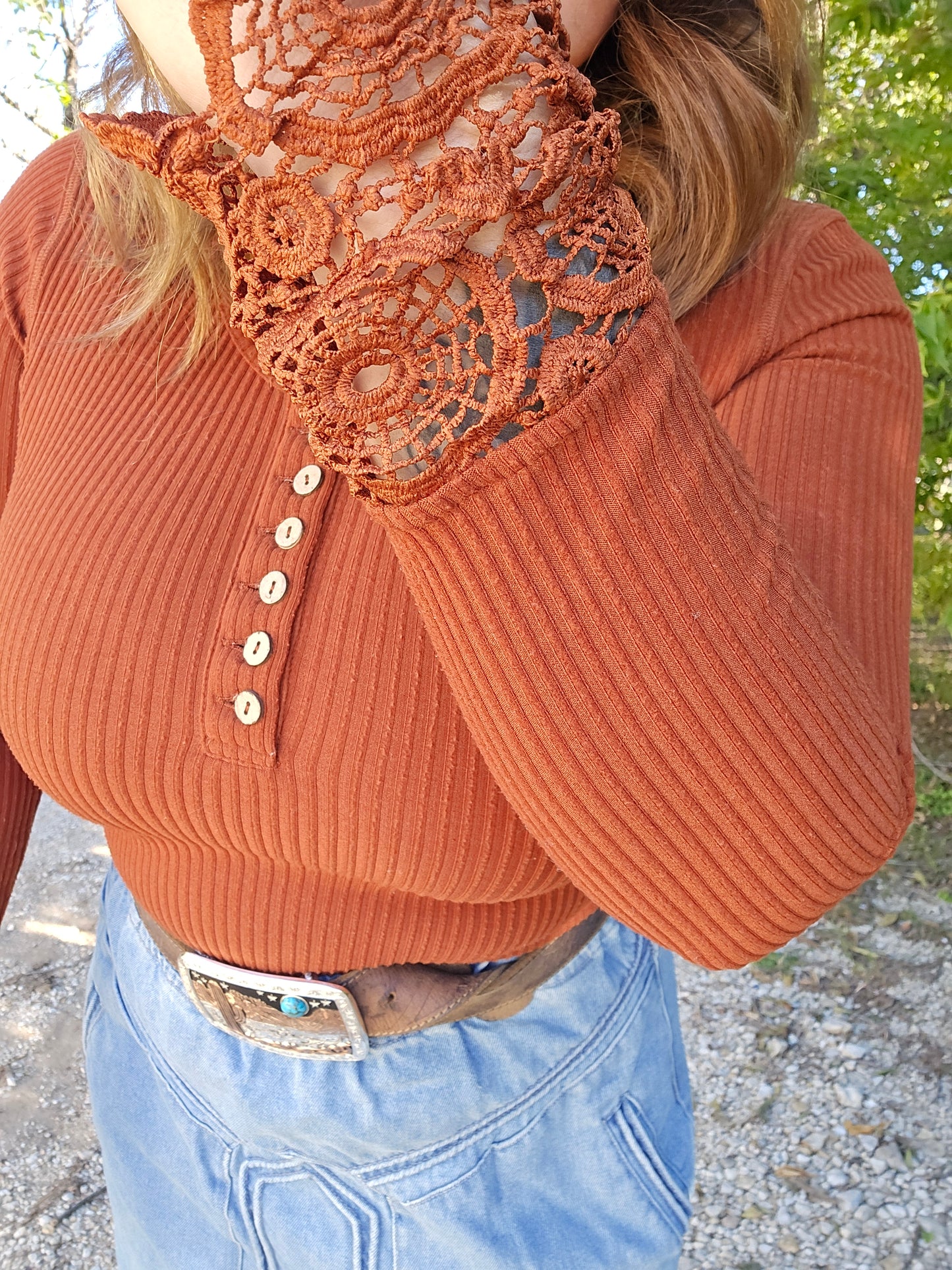 Rust Ridge Lace-Cuff Blouse