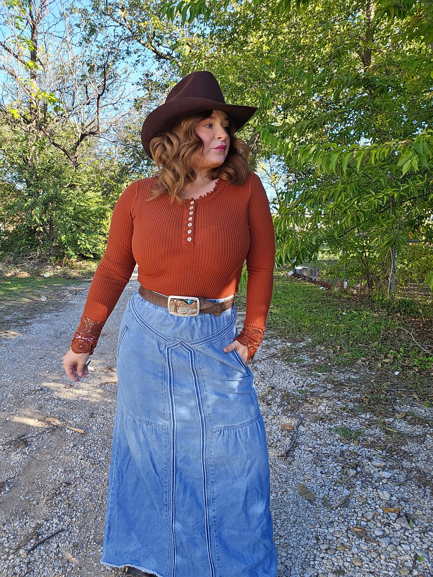 Rust Ridge Lace-Cuff Blouse