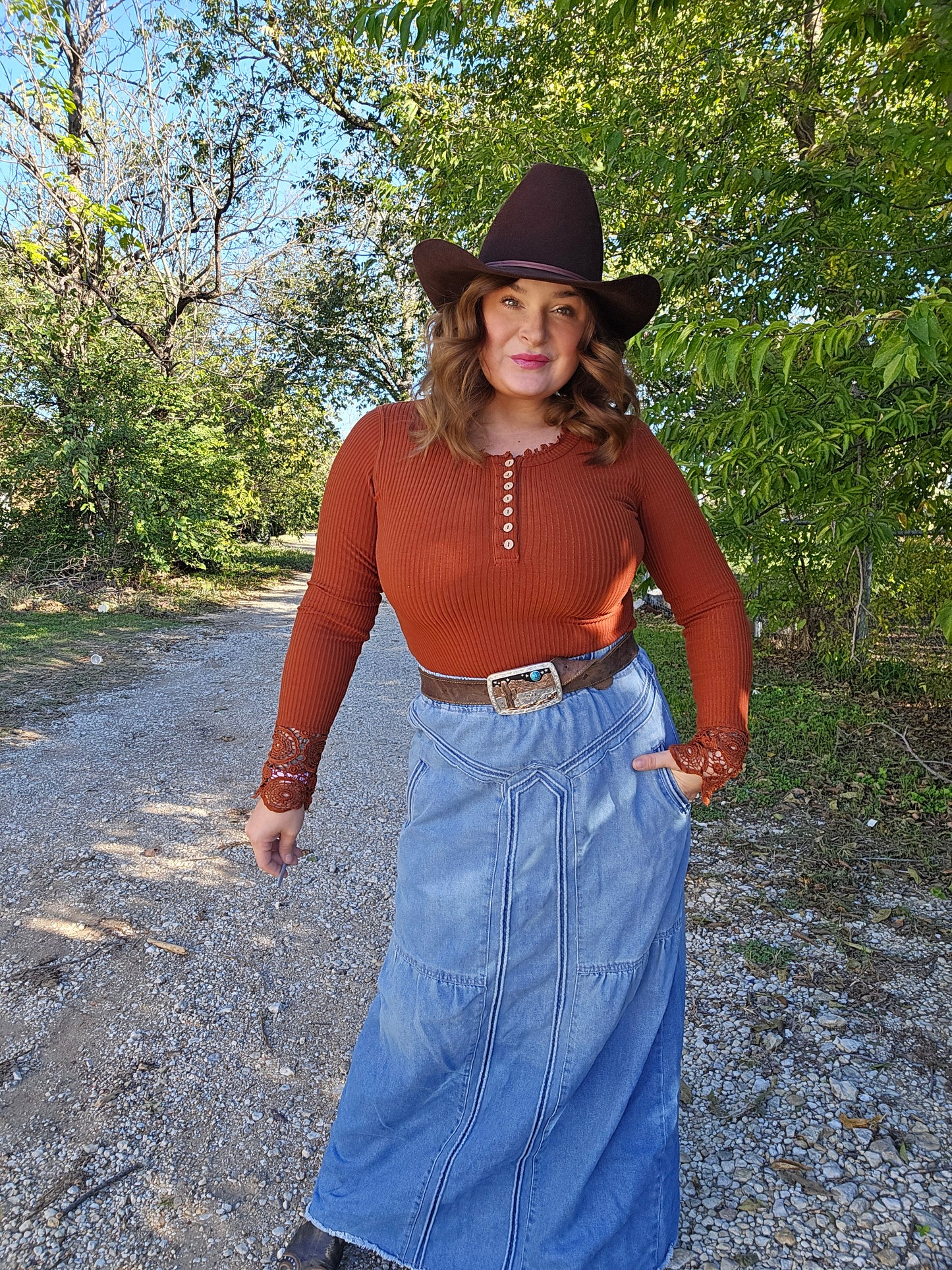 Rust Ridge Lace-Cuff Blouse