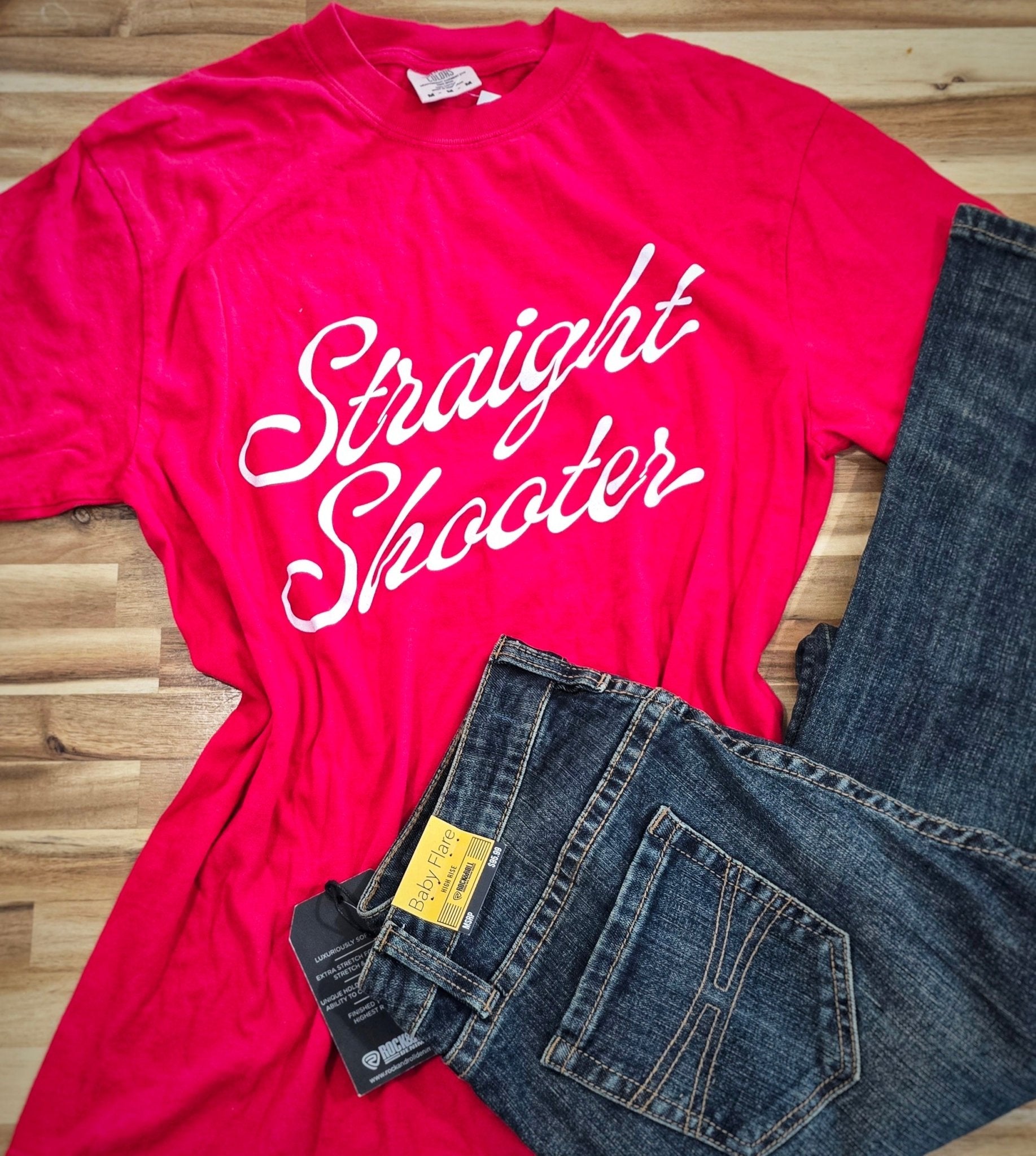 straight shooter tee, western graphic tee, gun arrow t-shirt, cowgirl graphic tee, women’s western tee, country western shirt, western fashion tee