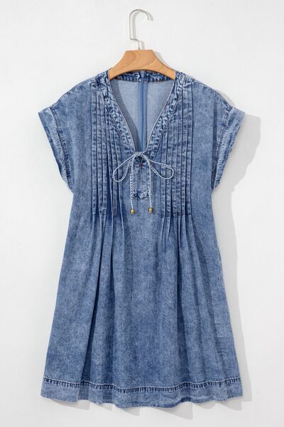 Tie V Neck Tucking Detail Short Sleeve Denim Dress Mini - Pistols 'n Petticoats - #westernboutique# - #westernfashion#
