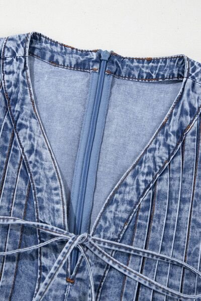 Tie V Neck Tucking Detail Short Sleeve Denim Dress Mini - Pistols 'n Petticoats - #westernboutique# - #westernfashion#