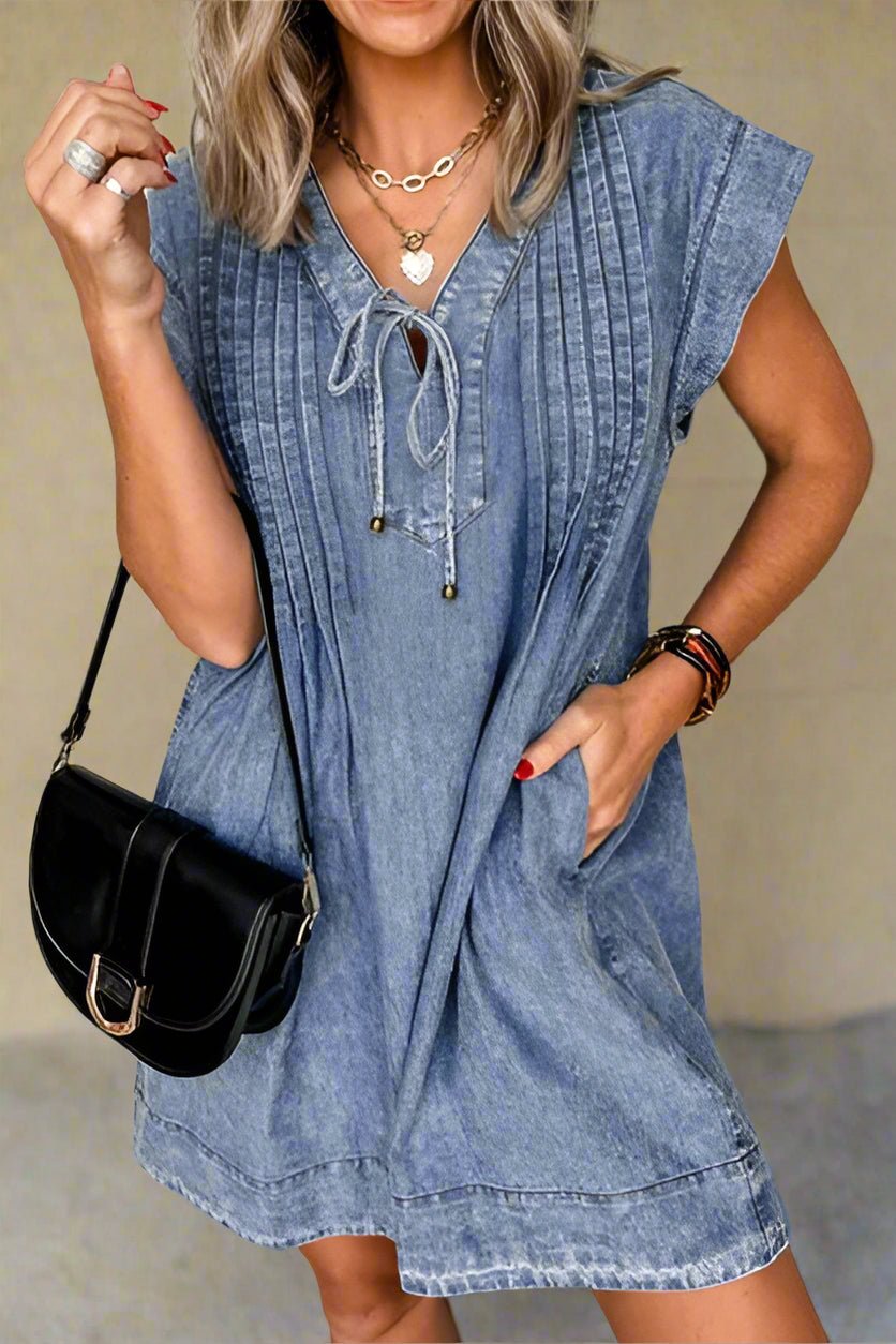 Tie V Neck Tucking Detail Short Sleeve Denim Dress Mini - Pistols 'n Petticoats - #westernboutique# - #westernfashion#