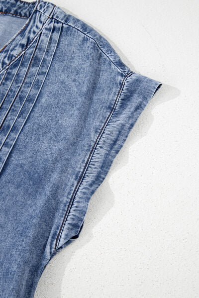 Tie V Neck Tucking Detail Short Sleeve Denim Dress Mini - Pistols 'n Petticoats - #westernboutique# - #westernfashion#