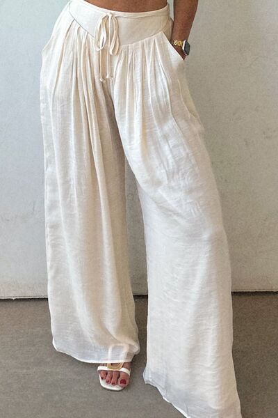 Tie Waist Pleated Wide Leg Pants - Pistols 'n Petticoats - #westernboutique# - #westernfashion#