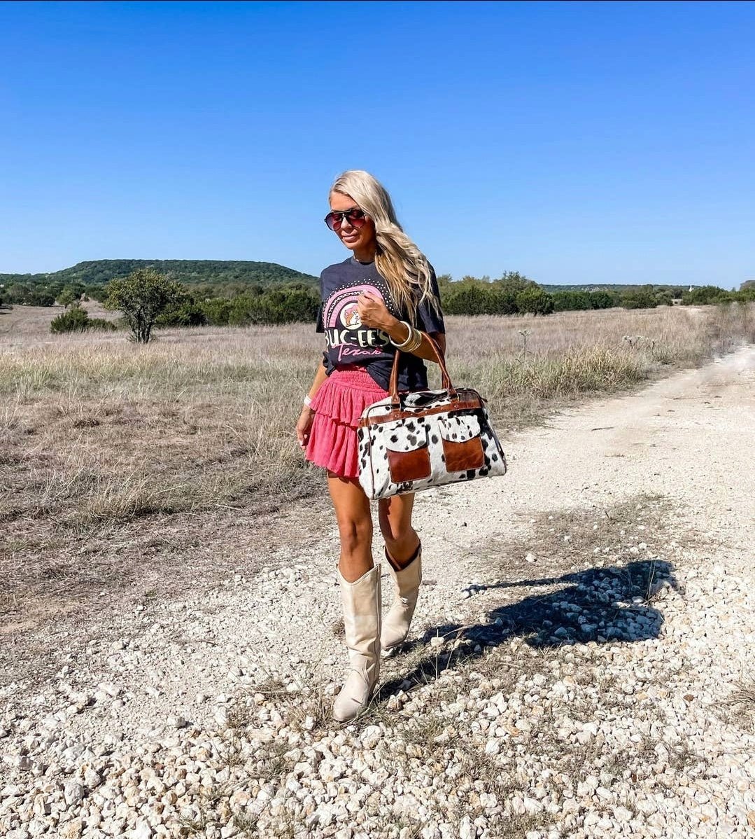 Weekender Duffle Leather Hair On Cowhide Duffel Travel Bag - cowhide weekender bag - Pistols 'n Petticoats - #westernboutique# - #westernfashion#