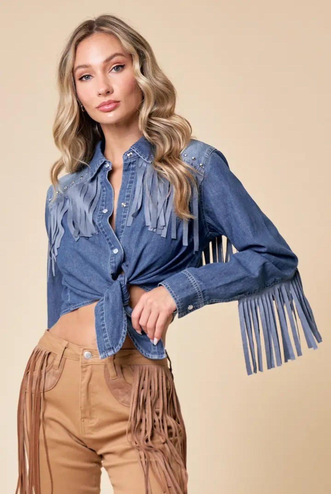 Western Denim Silver Studded Fringe Tie Front Shirt