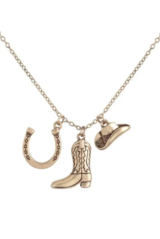 Western Horseshoe Boots Hat Cluster Pendant Necklace Burnish Gold - Pistols 'n Petticoats - #westernboutique# - #westernfashion#